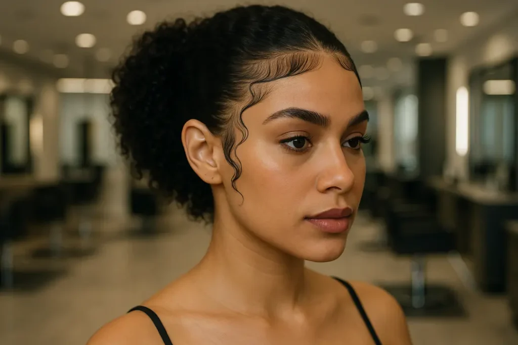 "Baby hair estilizado em penteado moderno mostrando acabamento delicado e natural."